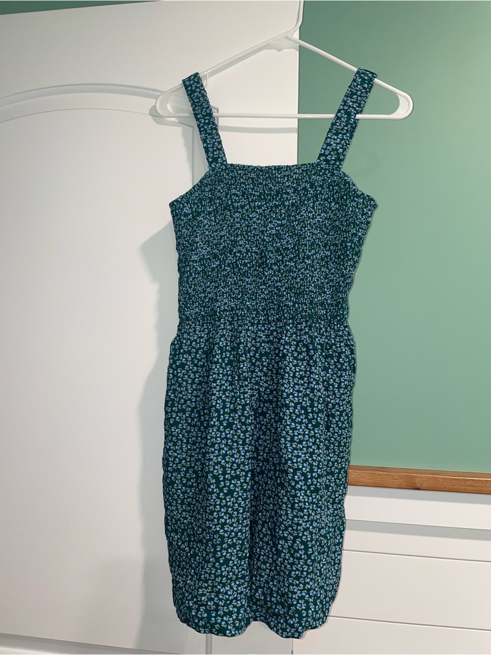 Smocked Floral romper in dark green and Light Blue
